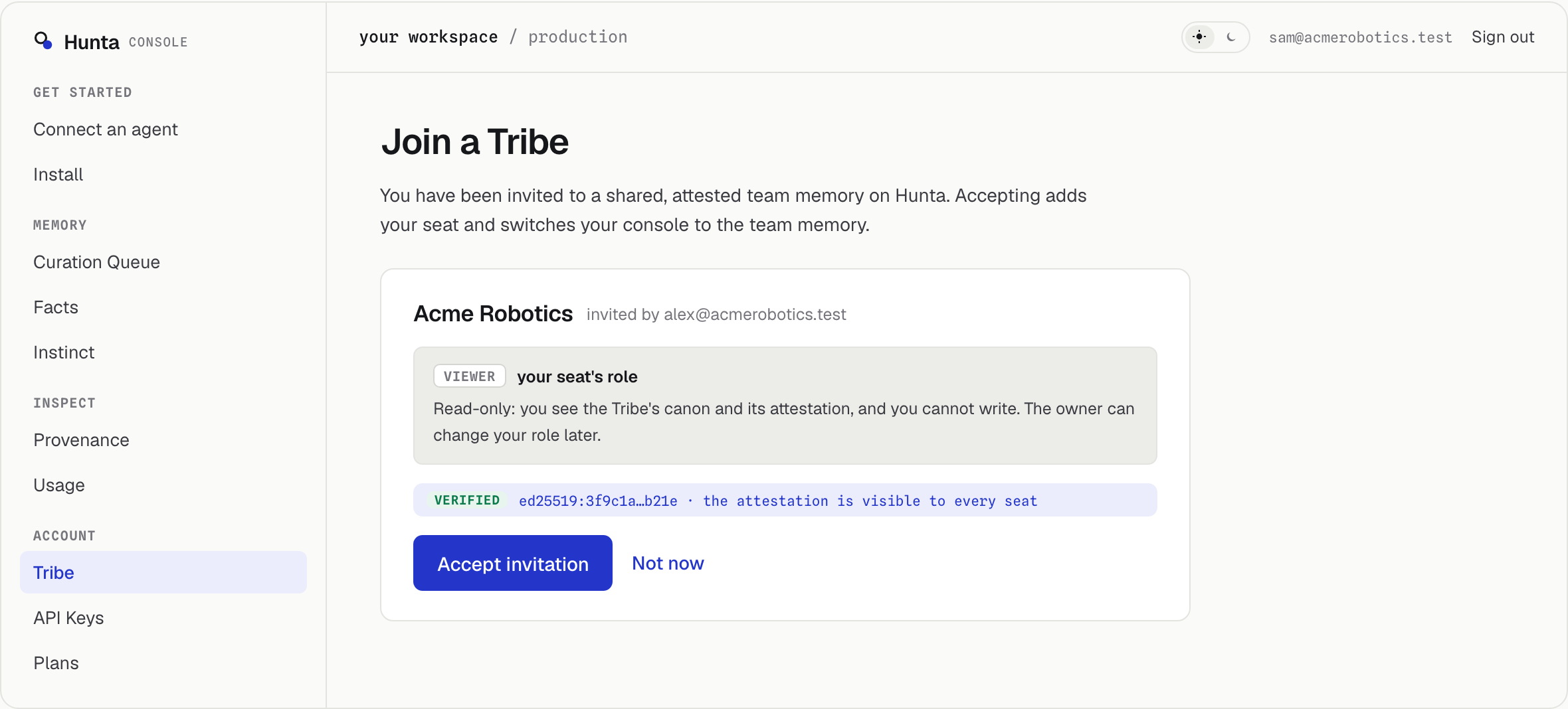A teammate accepts an invitation to the shared team memory